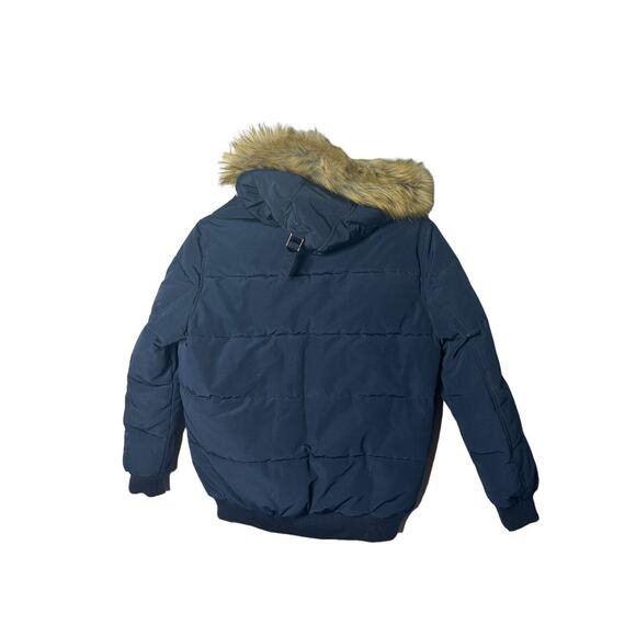 Guess Women's Faux Fur Trim Hooded Puffer Coat Dark Blue size large - Picture 3 of 3